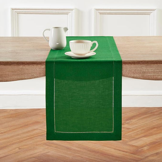 Solino Home Linen Garden Green Table Runner 132 Inches Long - 100% Pure Linen Extra Long Table Runner 14 x 132 Inch - Classic Hemstitch
