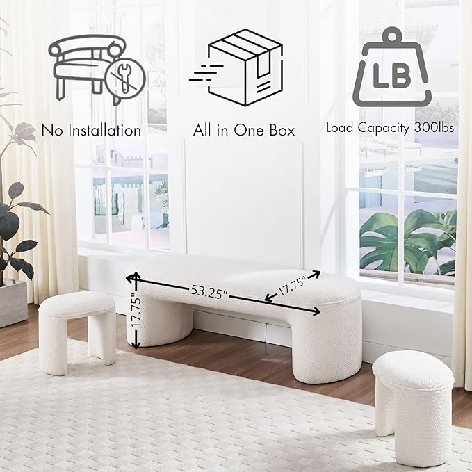 3-Piece 53" Comfy Upholstered Dining Bench with 2 Ottomans, Accent Waterfall Bench Modern End of Bed Entryway Bench Vanity Stool, White Chenille