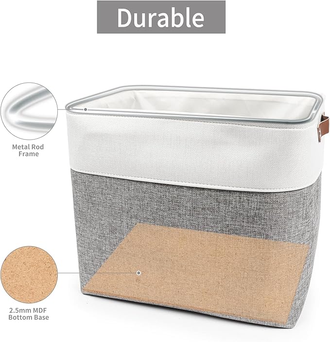 Large Fabric Storage Baskets | 50L Storage Bins, Decorative Linen Closet Baskets with Handles for Organizing, Shelf, Toys, Clothes, Home, Office, Nursery, 17x12x15Inches (Grey&White)