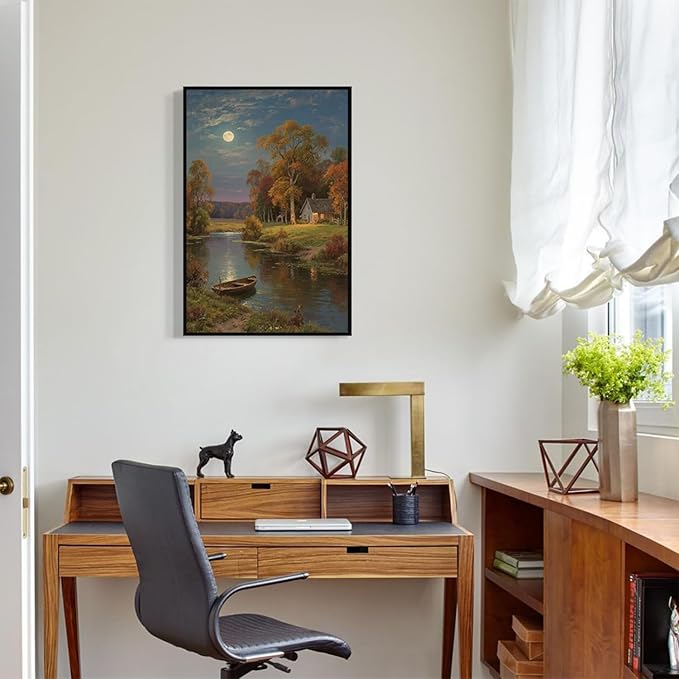 Small house by the stream under the moonlight tranquil style suitable for living room bedroom and office landscape poster wall art