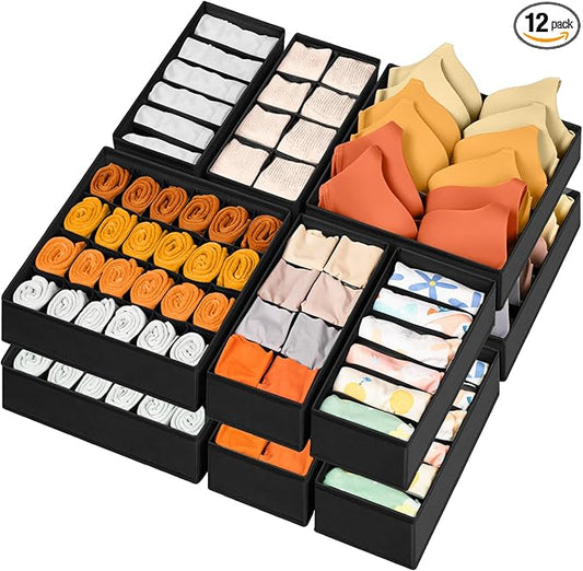 12 Pack Drawer Organizers, 116 Compartments Fabric Foldable Dresser Drawer Organizers for Clothing, Closet Organizers and Storage Bins for Clothes, Christmas Ornament Storage Boxes with Dividers