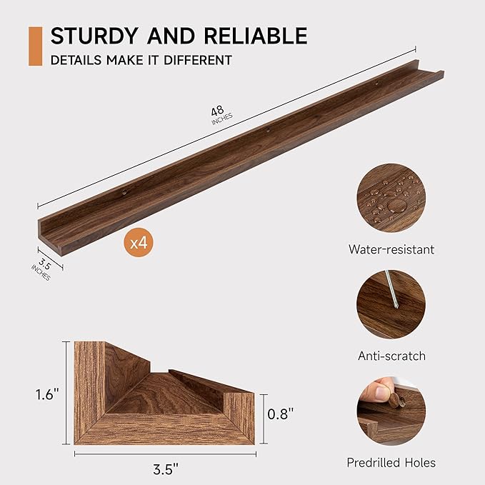 Picture Ledge Shelf for Wall, Floating Shelves Set of 4, 48 Inch Long Nursery Book Shelves for Toys Storage, Kids Bookshelf Wall Mounted for Books Photo Frames, Walnut