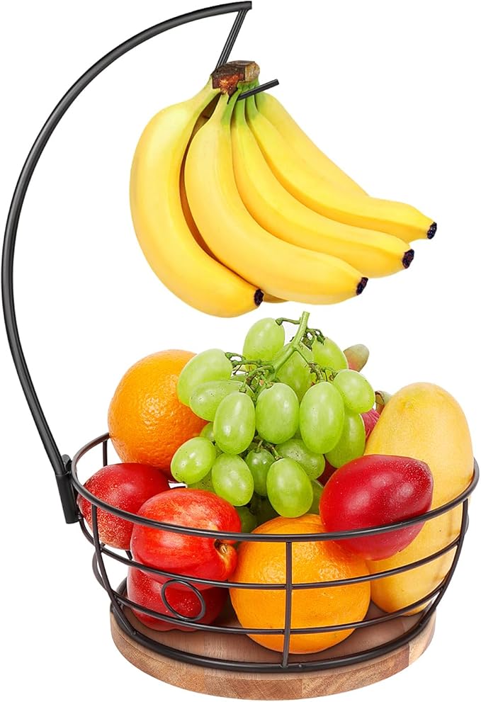 Livabber Countertop Fruit Basket Bowl with Banana Hanger, Modern Standing Fruit Vegetable Bowl Storage, with Banana Tree Holder for Kitchen Dinning Table (Round Wood, Black)