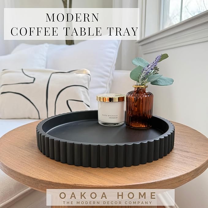 OAKOA Concrete Black Tray for Coffee Table - Round Black Decorative Tray for Table Decor - Bandejas Decorativas para La Sala - Coffee Table Centerpiece