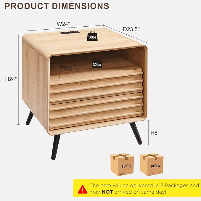 RedLemon 24 Inch Nightstand Set of 2 with Charger Station - Natural Oak