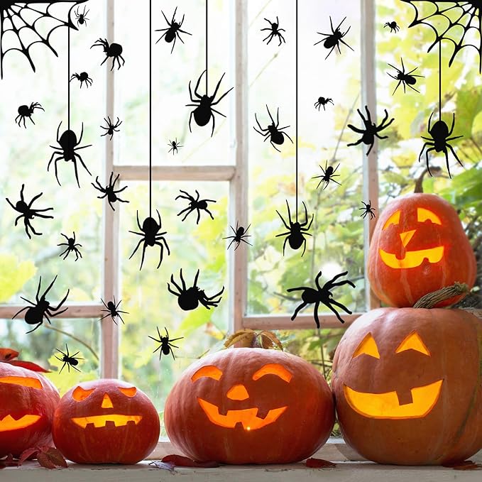4 Sheets Spider Window Clings - Double-Sided Removable Glass Decals, Halloween Themed Window Stickers for Kids Party Decorations