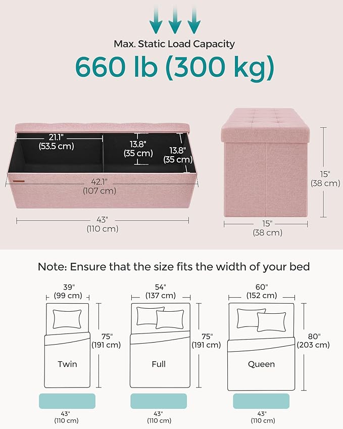 SONGMICS MAZIE Collection - 43 Inches Folding Storage Ottoman Bench, Ottoman Foot Rest, End of Bed Bench, Storage Chest, Load 660 lb, for Living Room, Bedroom, Entryway, Jelly Pink ULSF077R11