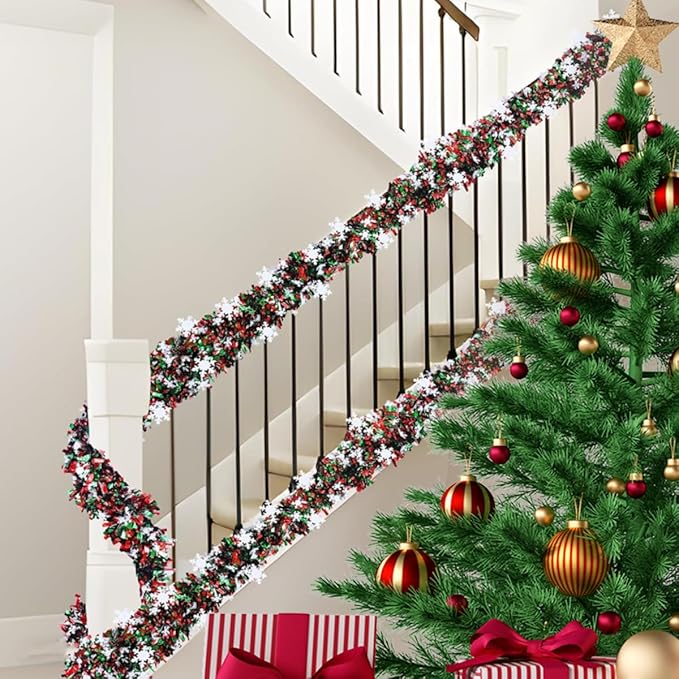 50 Feet Green Red Christmas Metallic Tinsel Twist Hanging Garland with Snowflake for Home Mantle Xmas Tree Staircase Railing New Year Holiday Party Indoor Outdoor Decorations（2 Pcs）