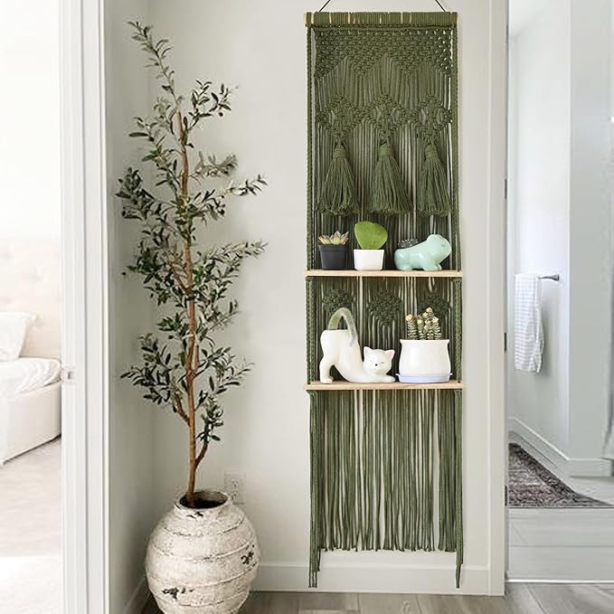 Hanging Shelf Macrame Wall Hanging Green Boho Shelfs with Tassels 2 Tier Floating for Plants Bedroom Dorm Living Room Wall Decor Rustic Wooden Organizer(Wood)