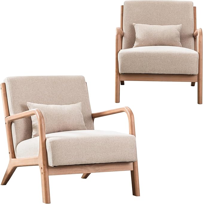 INZOY Mid-Century Modern Accent Chair Set of 2, Upholstered Living Room Chairs with Waist Cushion, Reading Armchair for Bedroom Sunroom