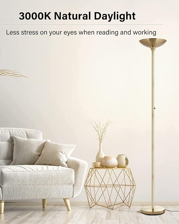 BoostArea Torchiere Floor Lamp Gold, 30W Super Bright LED Standing Lamp, 3000K Stepless Dimmable Pole Lamp with Rotary Switch, 70 Inch Tall Metal Modern Floor Lamps for Living Room/Bedroom/Office/Den