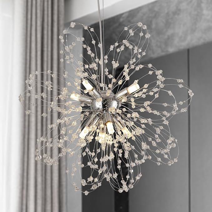 Modern Small Chandeliers, Sputnik Sunflower Crystal Beaded Hanging Lamps, Round Chrome Dandelion Pendant Light for Kitchen Island Bathroom Bedroom Entryway (Chrome 8Lights)