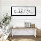 Welcome to Beautiful Chaos Framed Wall Art, 40''×15'' Rustic Horizontal Beautiful Chaos Plaque with Black Frame for Entryway Living Room, Farmhouse Long Welcome to our Chaos Wood Sign Wall Decor