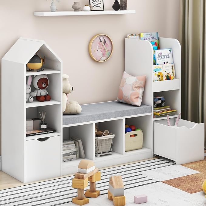 Vabches Kids Bookcase and Bookshelf with Reading Nook, Multifunctional Bookcase with 7 Storage Cubbies 2 Movable Drawers, Bookcases with Seat Cushion for Toy Storage Organizer Children's Room, Bedroom
