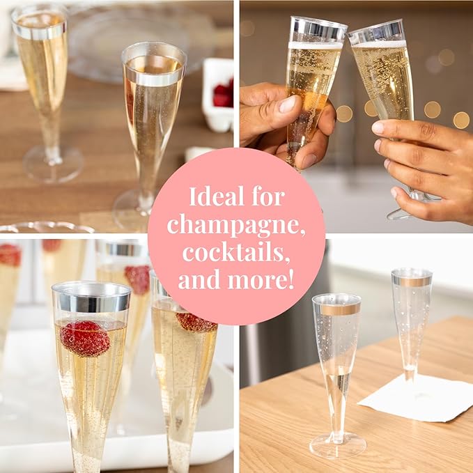 Prestee Set of 24 Silver Glitter Plastic Champagne Flutes - 4.5 oz Capacity - Shatterproof Durable Disposable Glasses - Elegant Design - Ideal for Weddings, Cocktail Parties, and Outdoor Celebrations