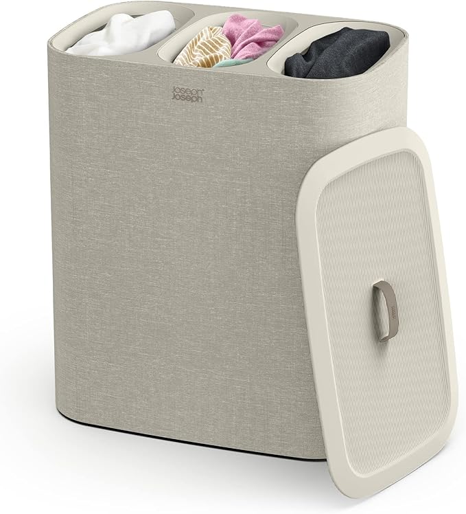 Joseph Joseph Tota Trio 90 liter/23.8 gallon Laundry Hamper Separation Basket with lid, 3 Removable Washing Bags with Handles- Ecru