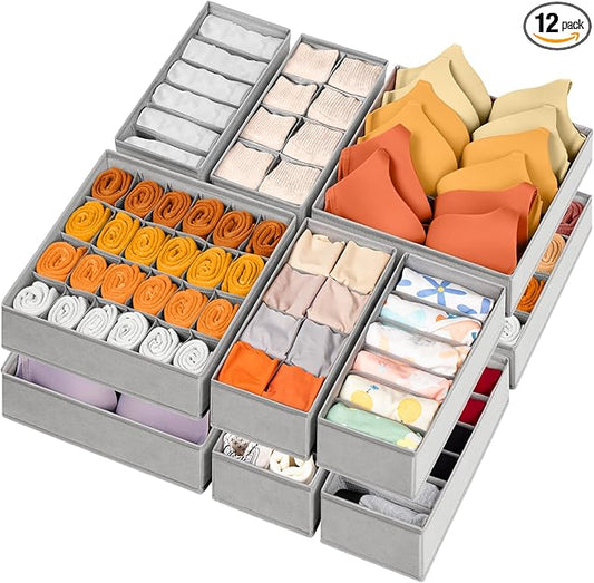 12 Pack Sock Underwear Drawer Organizer Dividers, 116 Cells Fabric Foldable Dresser Closet Organizers and Storage Bins for Baby Clothing, Women Men Underwear Socks, Bra, Ties, Scarf