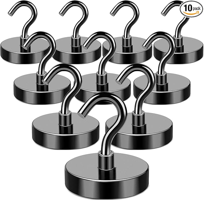 MIKEDE Black Magnetic Hooks Heavy Duty, 150LB+ Strong Neodymium Magnets for Refrigerator, Magnetic Hooks with Epoxy Coating for Hanging, Magnets with Hooks for Cruise, Home, Workplace - 10 Pack