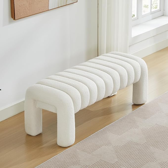 43.3" Bedroom Bench, Upholstered Entryway Bench, Modern End of Bed Ottoman with Solid Wood Legs and Adjustable Foot Pegs for Entryway, Dining Room and Living Room (White Teddy)
