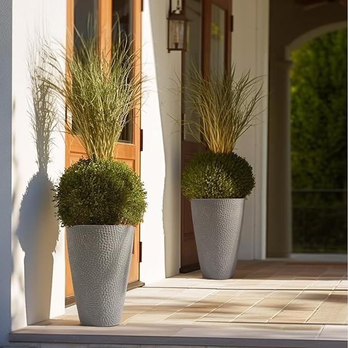 LA JOLIE MUSE 20 inch Tall Planters Set of 2, Tall Round Planters for Outdoor Plants, Grey Flower Pots for Front Door,Patio and Deck,Honeycomb.