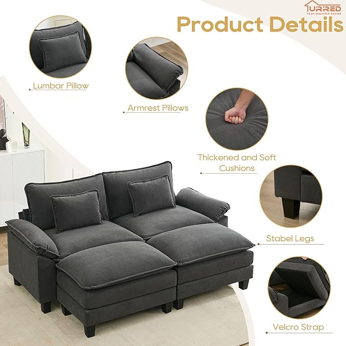 URRED Modular Sectional Sofa Comfy Cloud Couch, Modern Velvet Sofa Sleeper Deep Seat Couches with Ottoman/Pillows for Living Room (Dark Gray, 82.6''- 2 Ottomans)