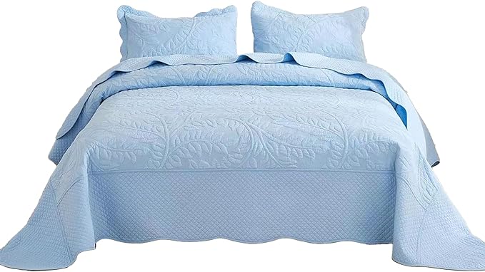 MarCielo 3-Piece 100% Cotton Oversized Bedspread Lightweight Quilt Coverlet Embroidery Farmhouse Bedding Set T0 (Light Blue, Oversized King (118"x106"))