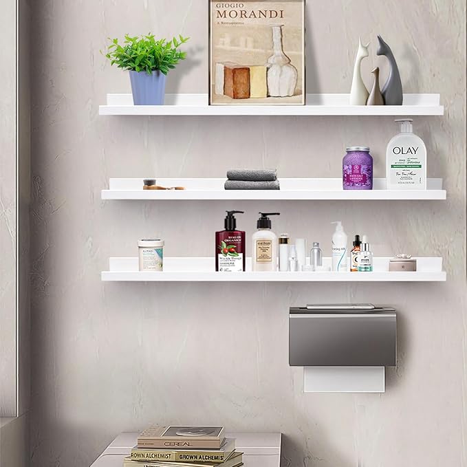 AZSKY 48 Inch White Large Picture Ledges Wood Photo Display Shelf Long Shallow Picture Shelf for Pictures with Lip Wall Mounted Set of 3 for Living Room Bedroom Bathroom Kitchen Same Sizes