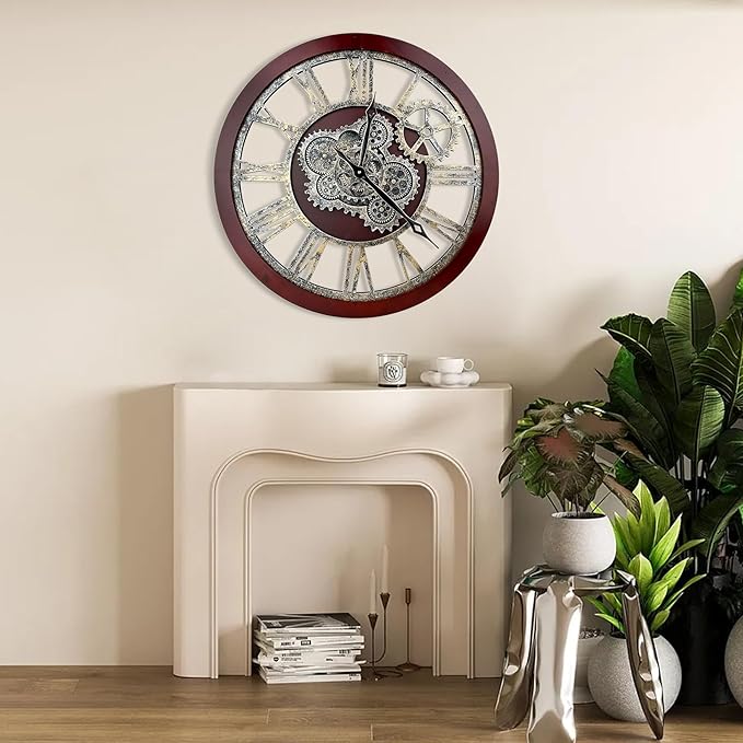 HOIBAI Large Wall Clock, 18 Inch Wall Clocks for Living Room Decor Farmhouse Vintage Rustic Kitchen Wall Decor Vintage Roman Big Oversized Wall Clock for Home Bedroom House Office, Moving Gears Clock