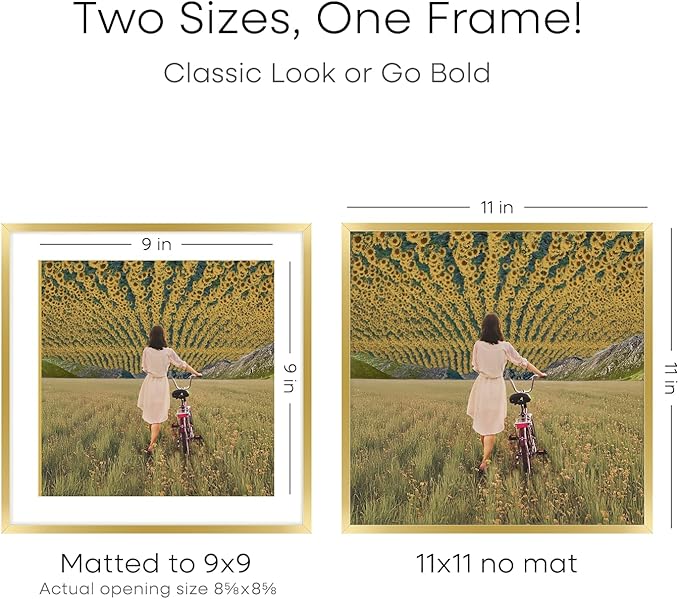 Homeforia 11x11 Picture Frame Gold, High End Metal 11 by 11 Square Frames with Mat 9 x 9 Photo, 11by11 Thin Poster Frame Matted to 9x9 inch Art, Wall Hanging Frames, Tempered Glass, Wall Kit, Set of 1