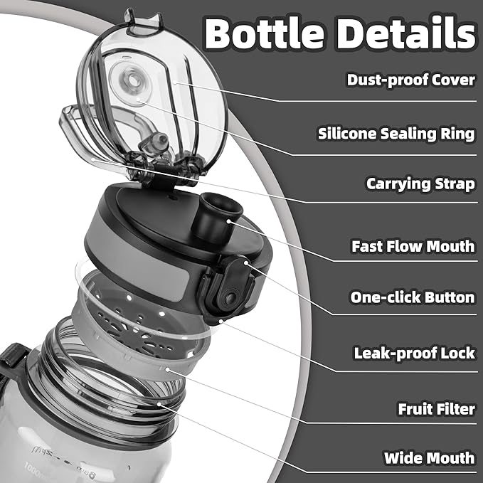 OLDLEY 32 oz Water Bottle, Motivational Water Bottle with Time Marker, Sports Water Bottle With Strap, Leakproof & BPA Free Large Water Bottles for School, Gym,Outdoor, Tritan, Transparent-Gray