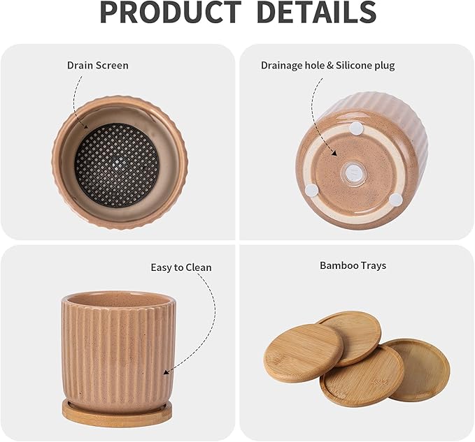 TAMAYKIM 4 Inch Cylinder Ceramic Boho Plant Pots with Drainage Hole and Saucer, Glazed Multicolor Flower Pots for Succulent, Snake Plant, Cactus and Herbs, Set of 4 (Plant Not Included)