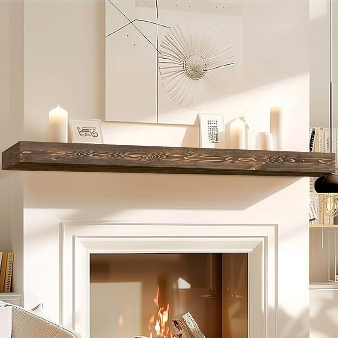 72x8x3 Fireplace Mantel - Handcrafted Hollow Rustic Solid Wood Wall Mounted Floating Shelf with Invisible Heavy Duty Wood Bracket (Weathered Brown)