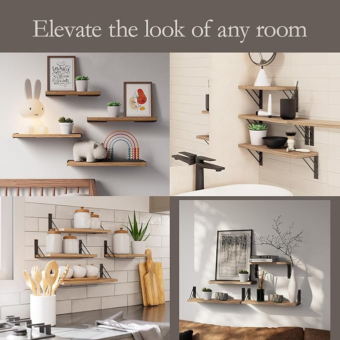 BAYKA Wall Shelves for Bedroom Decor, Floating Wall Shelves for Living Room Kitchen Storage, Wall Mounted Rustic Shelves for Kids Books, Corner Shelf for Bathroom(Carbonized Brown,Set of 4)