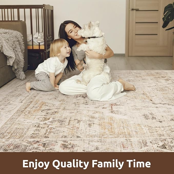 AMOAMI-2X6 Runner Rug-Washable Runners for Hallways-Soft Non Slip Bedside Rugs for Bedroom-Vintage Long Rug for Hallways Entryway Laundry Room Stair Kitchen Bathroom Beige