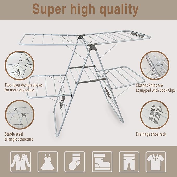 Large Capacity Double Drying Rack, Folding Rustproof Drying Rack with Non-Slip Clips and Drainage Shoe Rack, Height Adjustable, Airy and Quick Drying, Suitable for Balcony and Outdoor Use