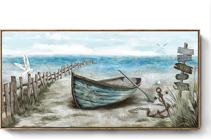 Large Framed Wall Art for Living Room Coastal Canvas Picture Seagull Vintage Boat Artwork Ocean Sea Bird Canvas Print Nautical Rowboat Blue Teal Rustic Beach Themed Farmhouse Bedroom Office Decor