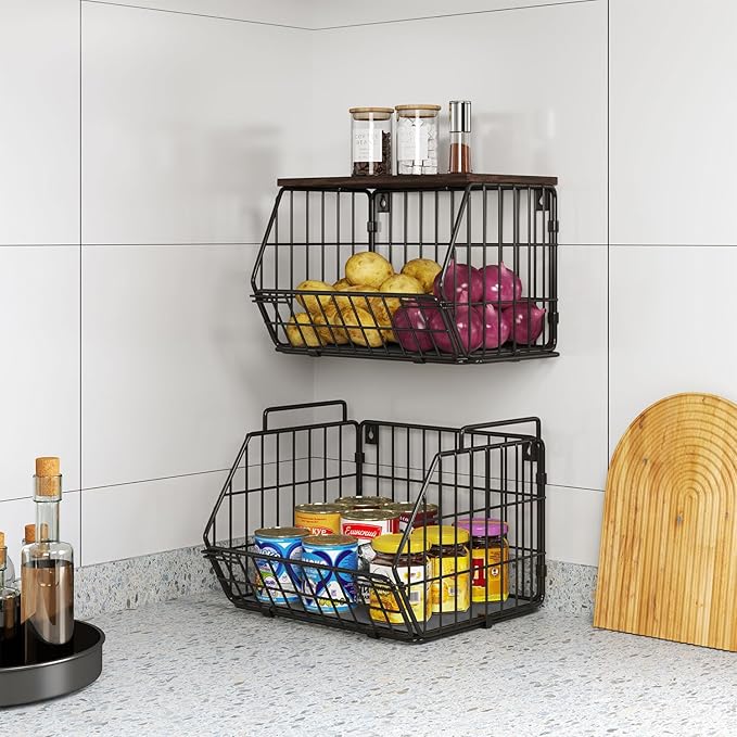 Wetheny 2 Tier Stackable Wall Mounted Wire Basket Fruit Basket with Wood Lid - Kitchen Pantry Organization and Storage, Hanging Storage Basket for fruits, Onion, Potato, Produce, Vegetable (Black)