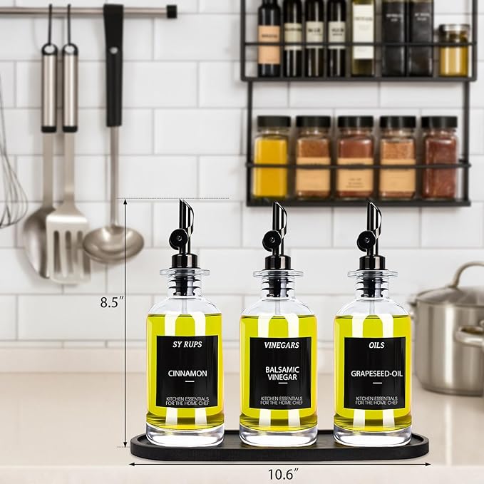 3PCS Olive Oil Dispenser Bottle For Kitchen, Soy Sauce Dispenser, Glass Oil and Vinegar Dispenser Set W. Wooden Tray & Labels & 3 Replacement Spouts, Coffee Syrup Dispenser