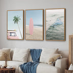 Tinonedraw Large Ocean Beach Framed Canvas Wall Art, Summer Coastal Surfboard Wall Decor, Palm Tree Pink Car Artwork, Modern Surfing Seascape Art Prints for Living Room Bedroom Office 24"x36"x3