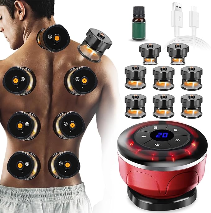 4-in-1 Electric Cupping Therapy Set with 8 Cellulite Massage Cups with 12 Modes Suction,Smart Dynamic Cupping Therapy Set for Ease Fatigue, Muscle Soreness and Skin Tightening(Red)