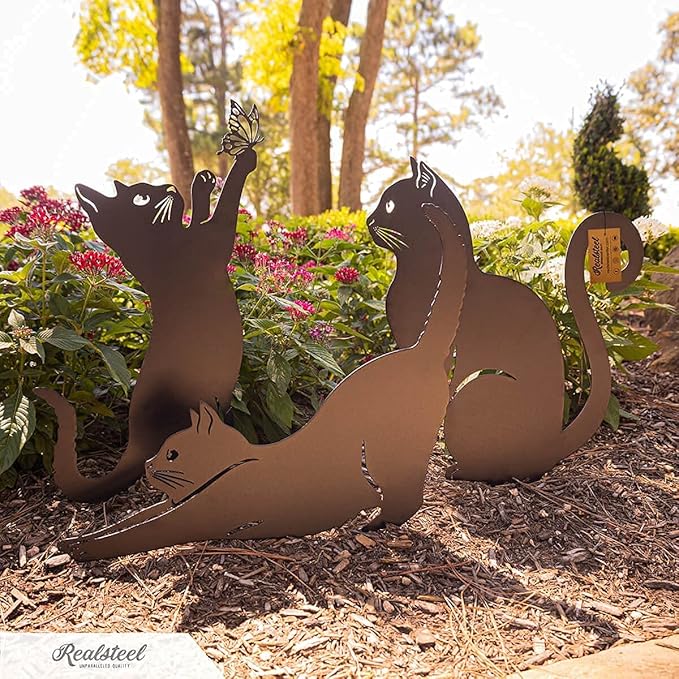 RealSteel I 3 Pack Steel Cat Garden Decor I Outdoor Yard Decorations I Gift for Cat Lovers I Lawn Ornaments and Statues I Garden Signs Decorative Outdoor - Penny Vein