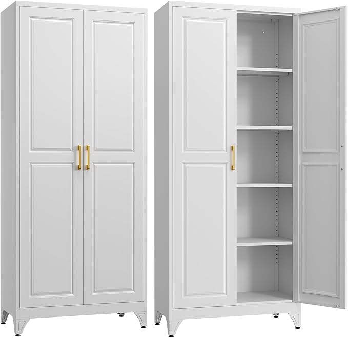 Kitchen Pantry Cabinet,75”White Metal Storage Cabinets with Doors and 4 Adjustable Shelves,Kitchen Cabinet with 2 Gold Handles,Tall Cabinet for Livingroom,Pantry, Bathroom