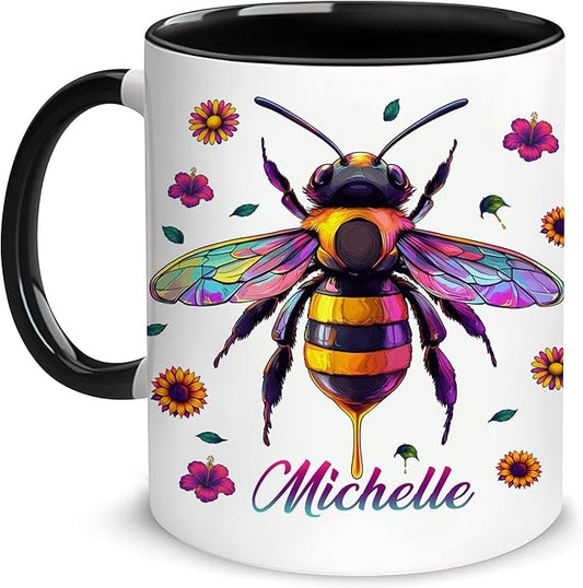 Hyturtle Personalized Colorful Bee Mug - Bee Keeper Gifts For Women Lovers Teacher - Honey Gifts For Beekeeper Farmer On Birthday - Queen Honeycomb Decor - Custom Coffee Cup Ceramic Mug 11 Oz 15 Oz