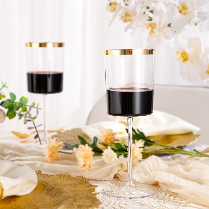 Ciaell 12 Pack Plastic Wine Glasses - 14 Oz Plastic Wine Glasses with Stem - Square Gold Disposable Stemmed Glass for Parties & Weddings & Outdoors & Thanksgiving