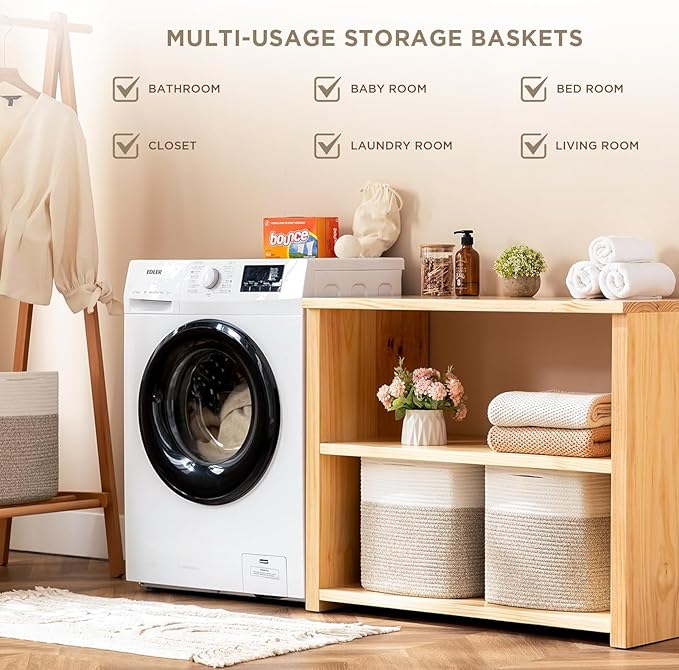 joybest Cube Storage Bins Set of 4, 11inch Cube Baskets Organizer for Nursery, Square Cotton Rope Baskets for Shelves Organizing, Kids Toy, Closet Storage, Brown and Cream White