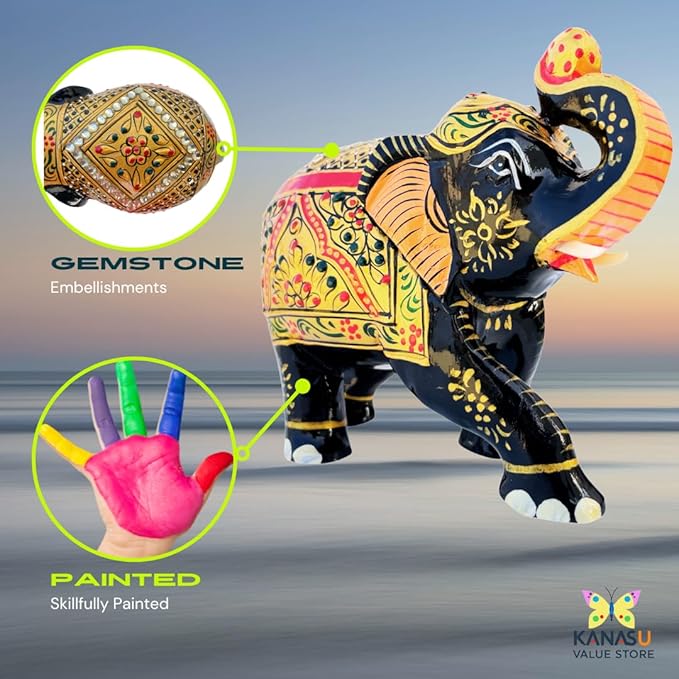 Handcrafted Wooden Elephant Figurine – Traditional Artwork, Gold & Gemstone Embellishments – Lucky Decorative Elephant Statue for Prosperity | Beautiful Elefantes Decorativos para Sala (Black & Gold)