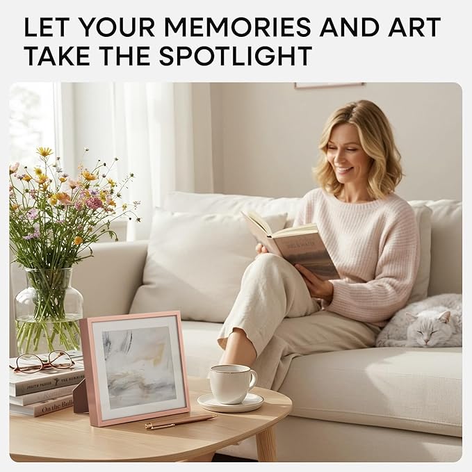 Homeforia Rose Gold Frame 8x8, High End Metal 8 x 8 Square Picture Frames with Mat 6 x 6 Art, 8x8 Photo Frame Matted to 6x6 inch Print, 8by8 Wall or Tabletop Frames, Tempered Glass, Wall Kit, Set of 1