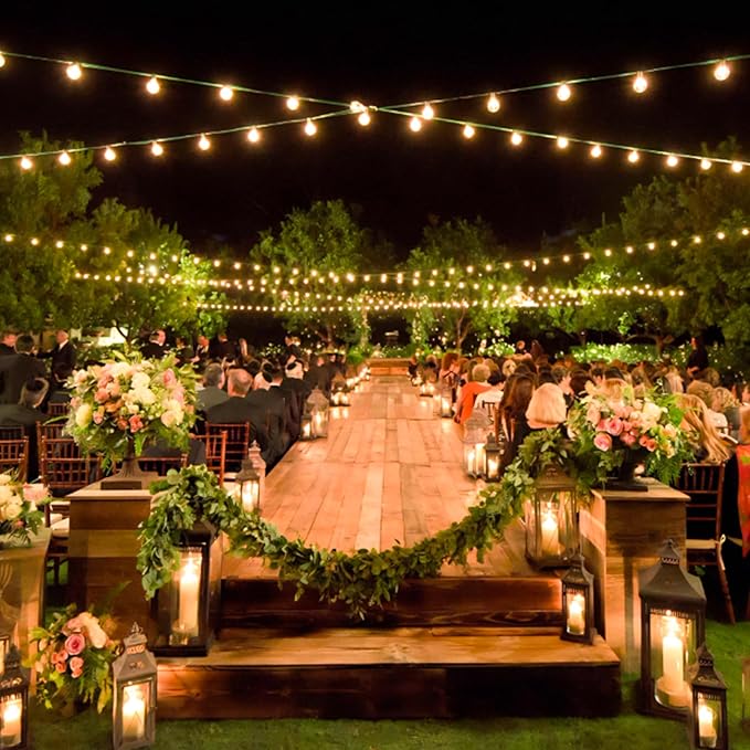 48Ft LED Outdoor String Lights with Dimmer, 15 Edison Bulbs Waterproof Patio String Lights with 4 Brightness Modes Remote Control (Included), Porch Backyard Bistro Decoration