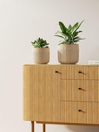 LE TAUCI Fluted Ceramic Planters Set of 3 – 8.3/7 / 5.7 in Cloud Cream Reactive Cylinder Indoor Plant Pots with Drainage Plug & Mesh, Glossy Stoneware Flower Pots for Succulents Herbs