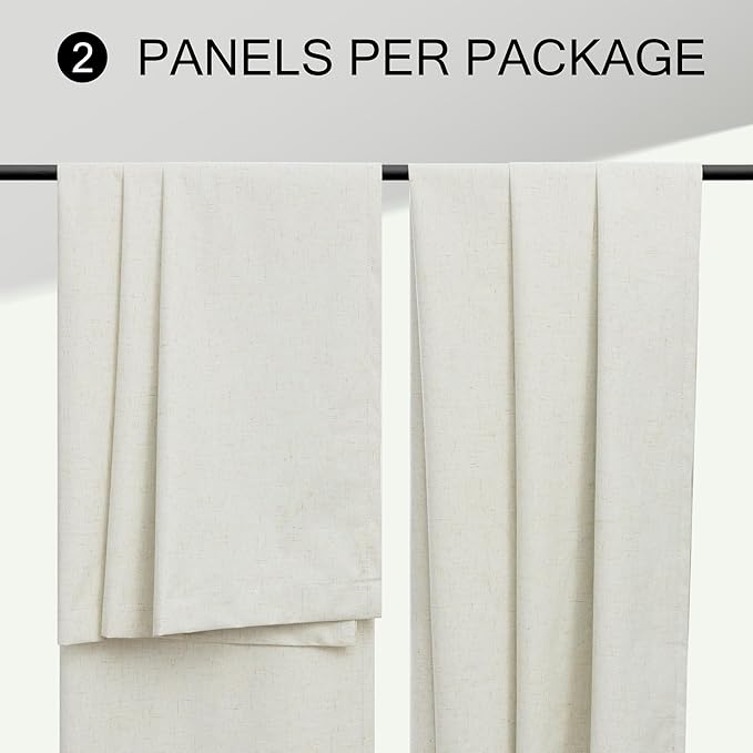 Cream Linen Boho Blackout Curtains 90 Inches Long Length 2 Panel Set Sliding Glass Door Sun Heat Blocking Curtain for Bedroom Living Room Darkening Insulating Drape Country Style Farmhouse Cottagecore